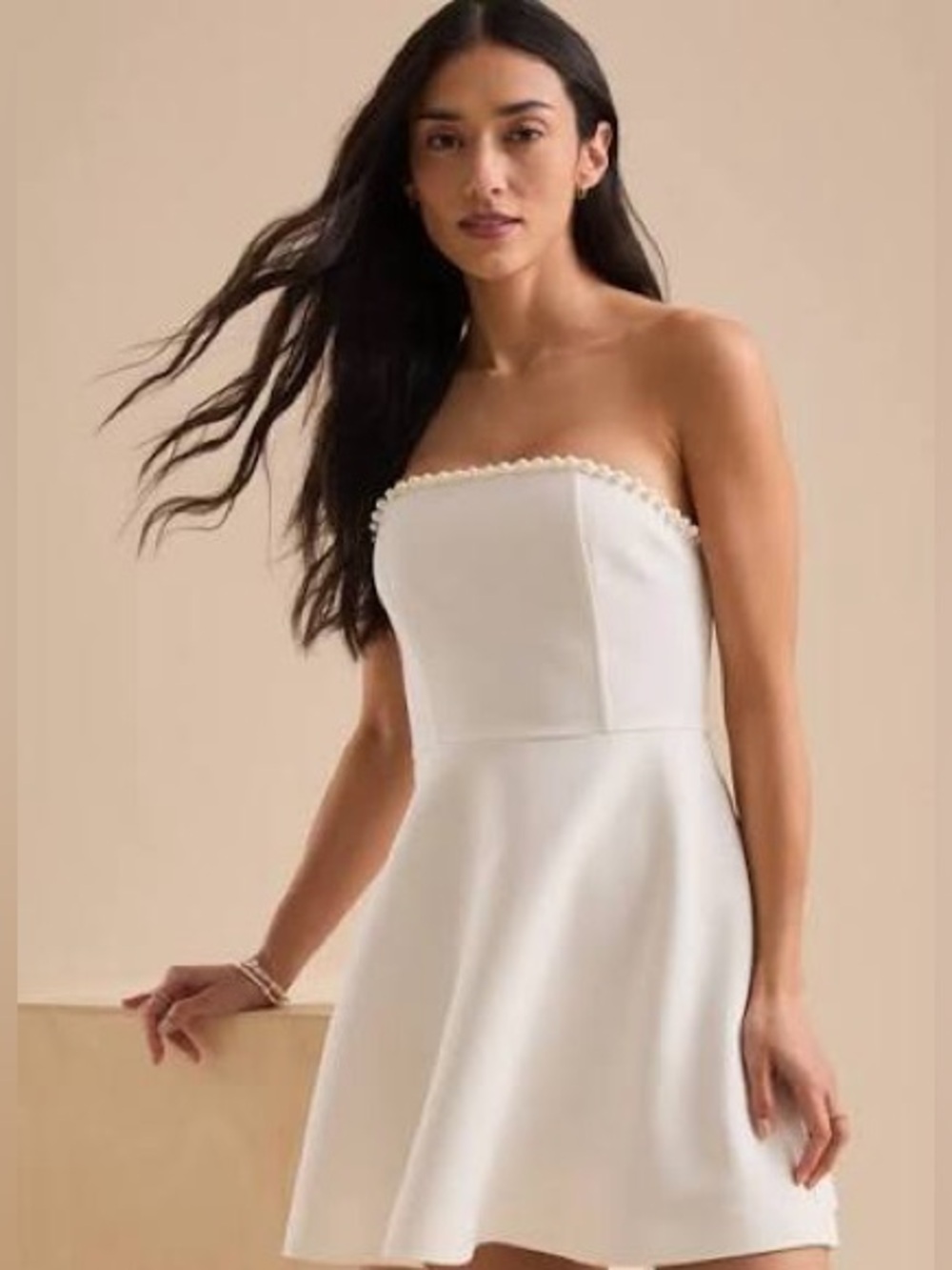 Londyn Pearl-Trim White Strapless Mini Dress